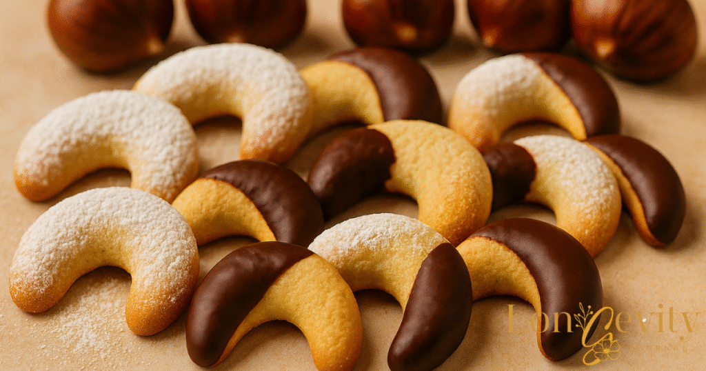 Puderzucker- und Schokoladen-Kipferl mit Kastanien im Hintergrund – gesundes Kastanien-Plätzchen Rezept für Weihnachten.